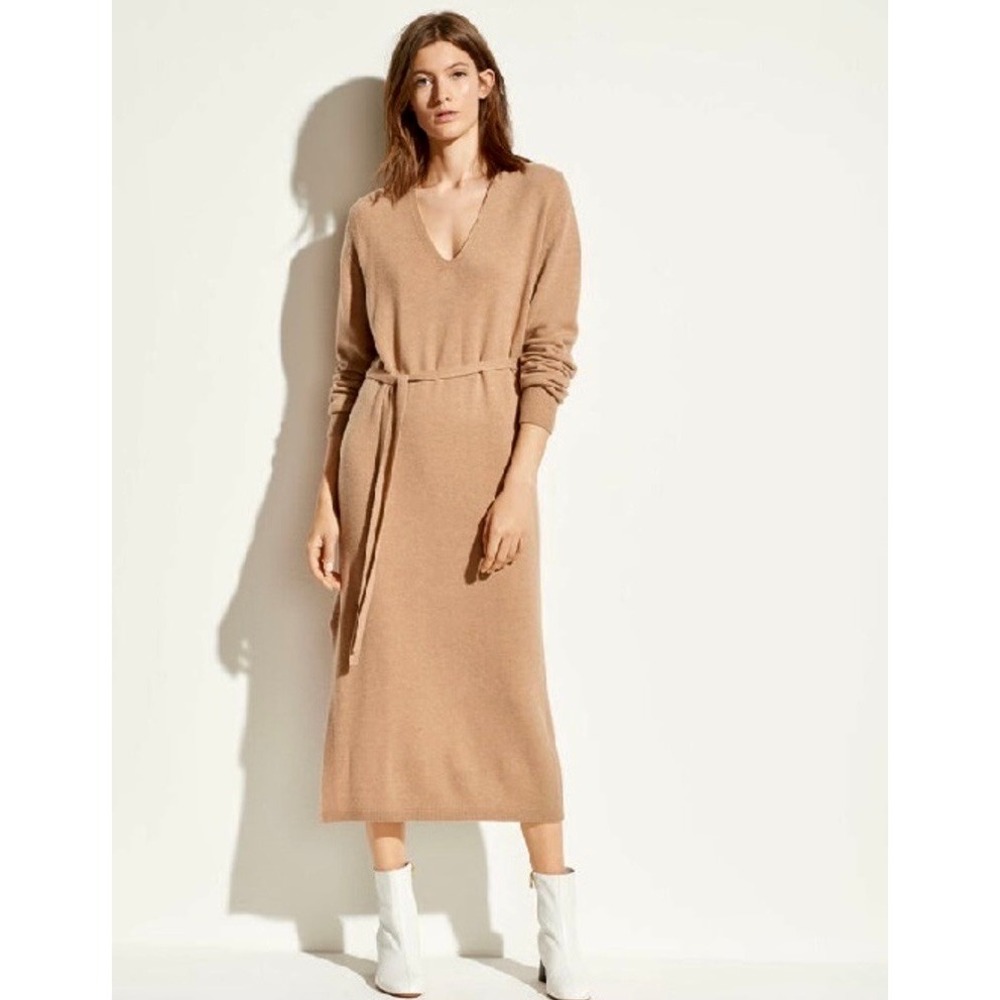 VINCE Cashmere Wool Sweater Dress Tie Waist Midi Neutral Solid Camel‎ Tan Medium